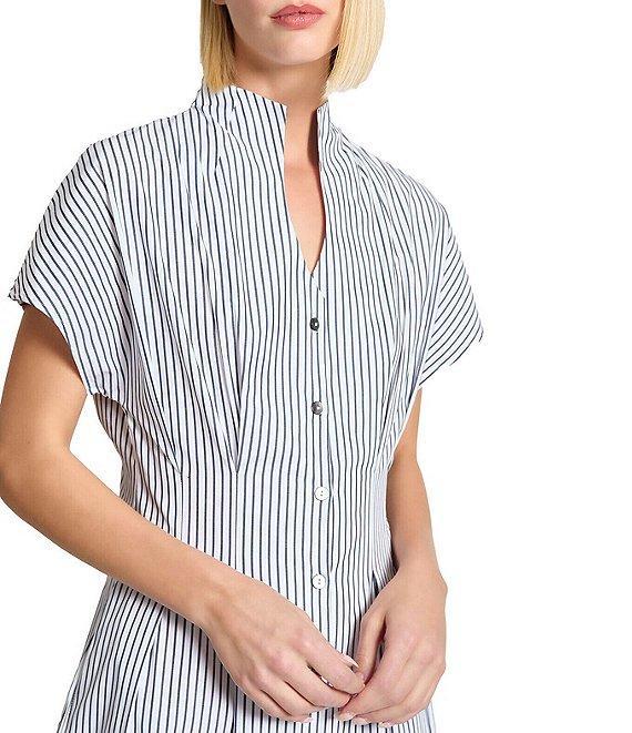 Ming Wang x Tanya Foster Cotton Pinstripe Stand Collar Short Sleeve Fit-And-Flare Dress Product Image