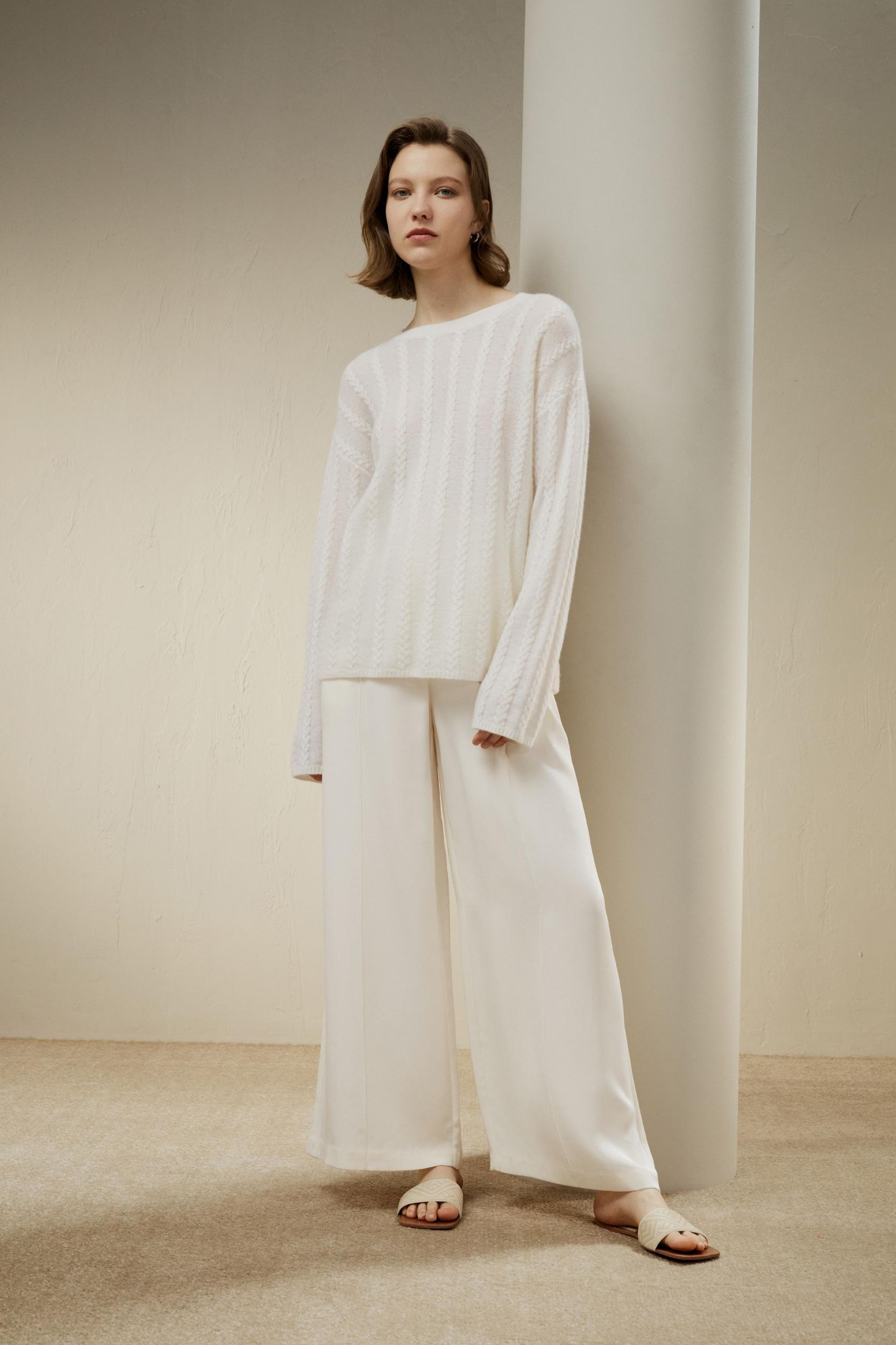 LILYSILK Pure Cashmere Sweaters - for Women - White Premium Cashmere - Simple Yet Classic Cable-Knit Sweater XL Product Image