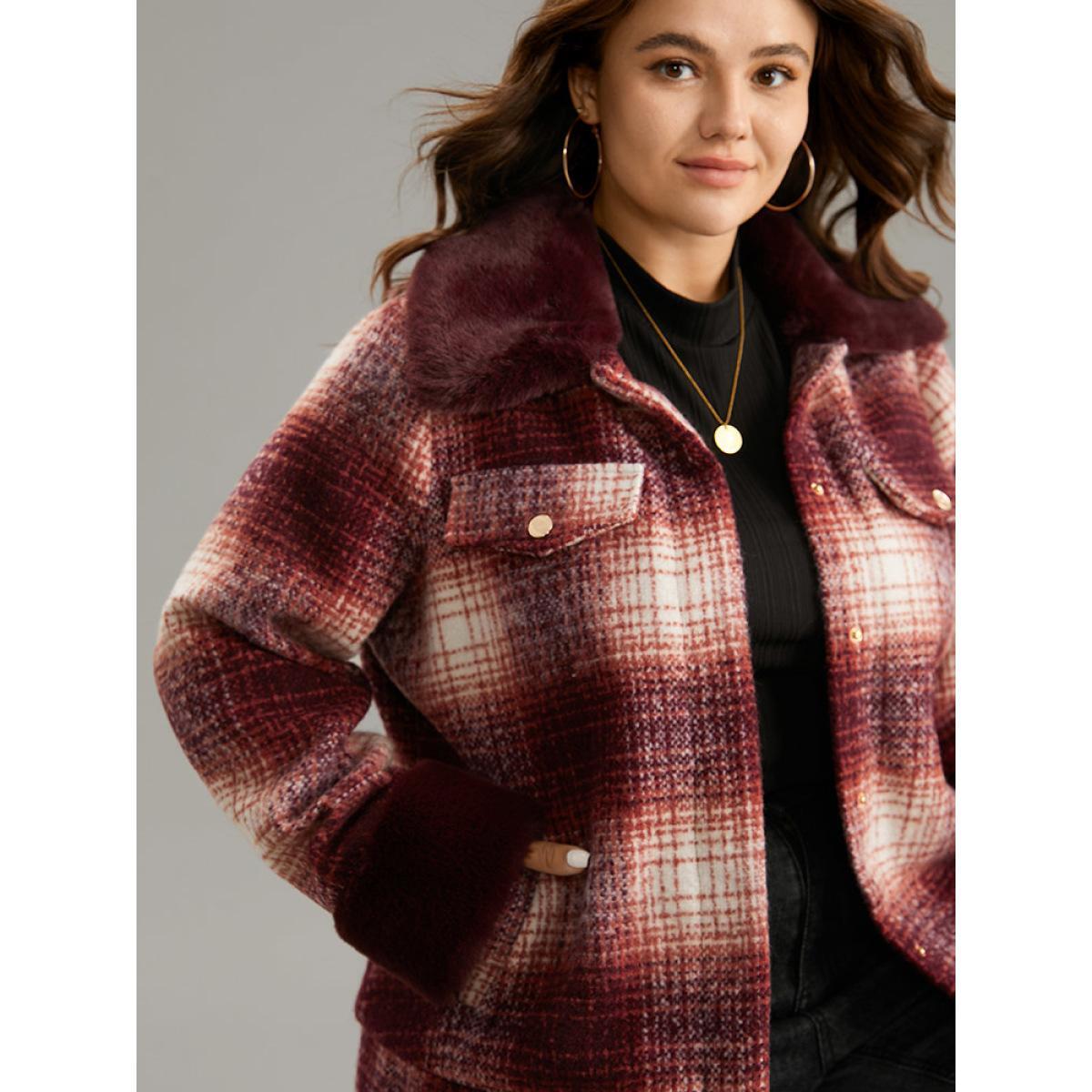 Plus Size Plaid Patchwork Button Through Fuzzy Trim Jacket Women Multicolor Lined Pocket Dailywear Jackets BloomChic 26/4X Product Image