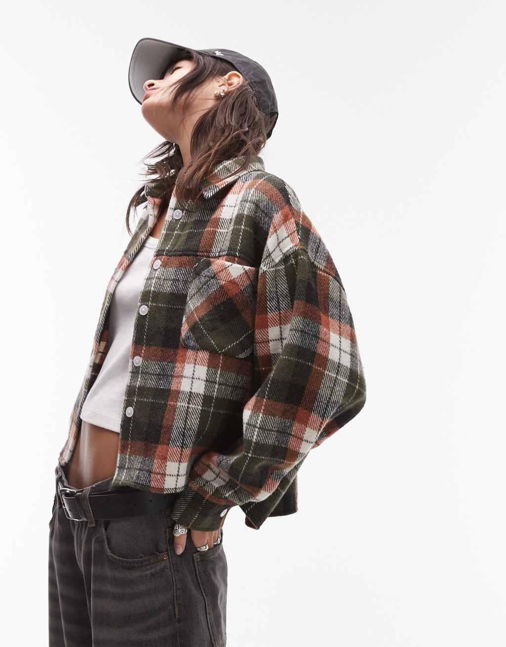 Topshop boxy cropped shirt in brushed check Product Image