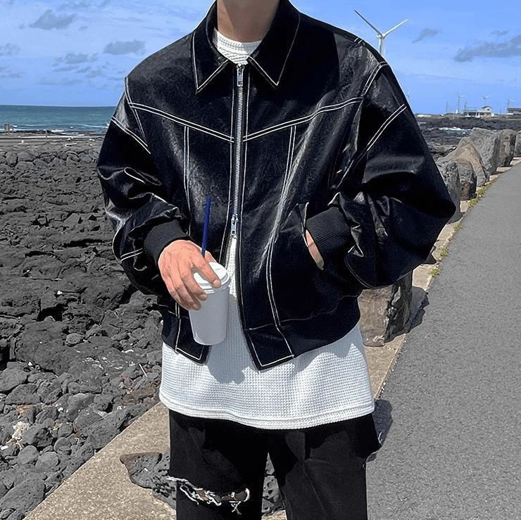 RT No. 9416 BLACK STITCHED ZIP-UP LEATHER JK Product Image