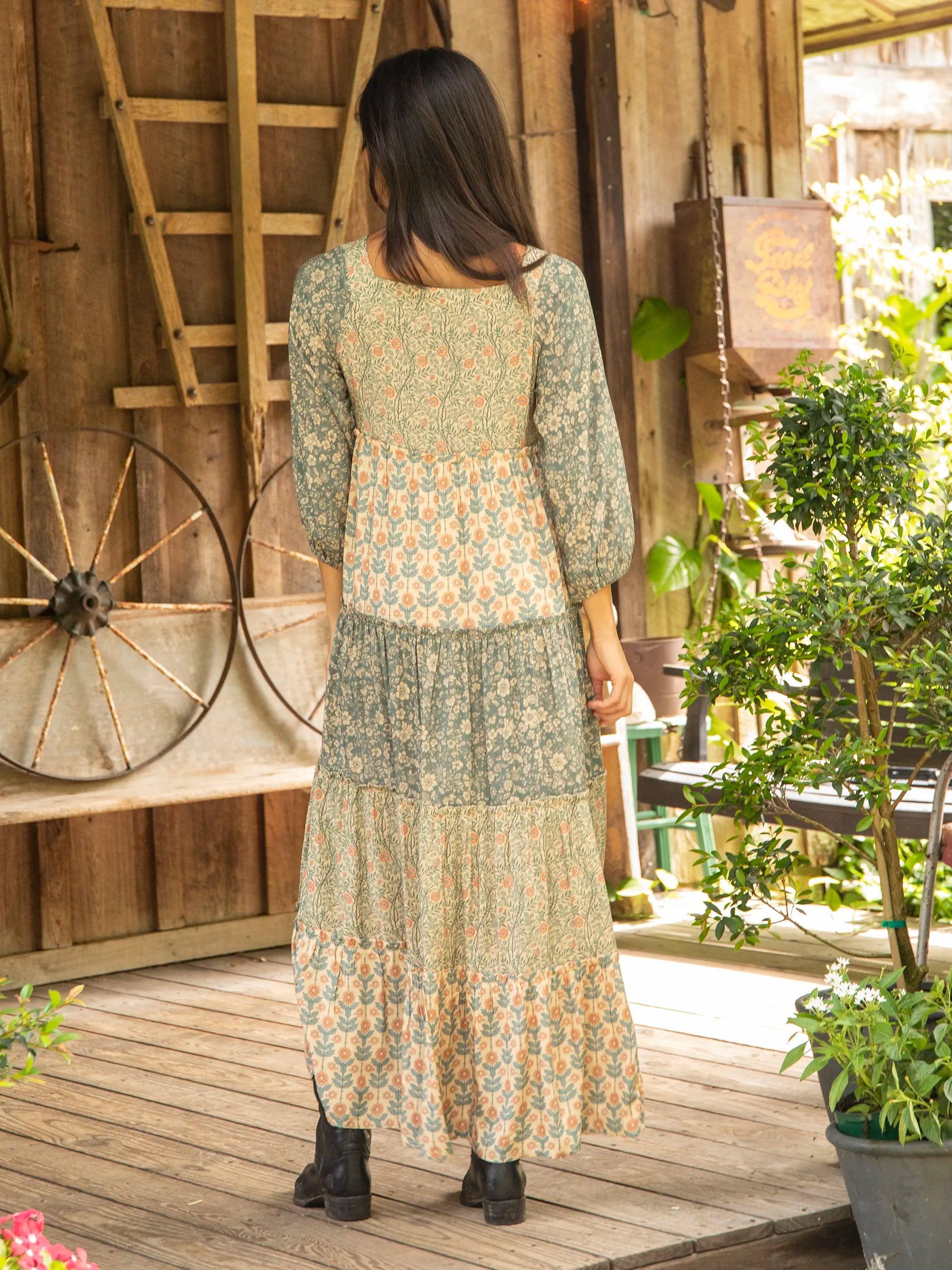 Berkley Long Sleeve Maxi Dress - Tan Olive Mixed Floral Product Image