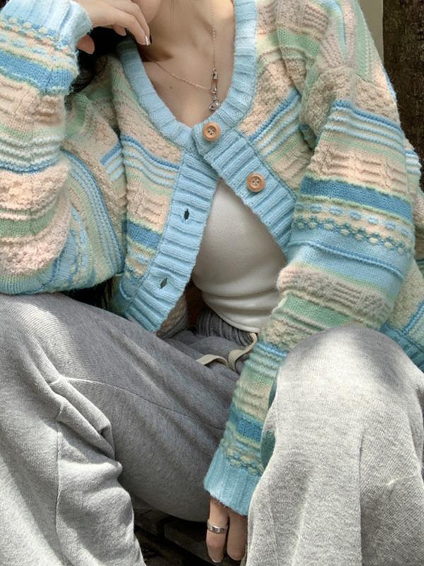 Textured Contrast Color Splice Knit Cardigan Product Image