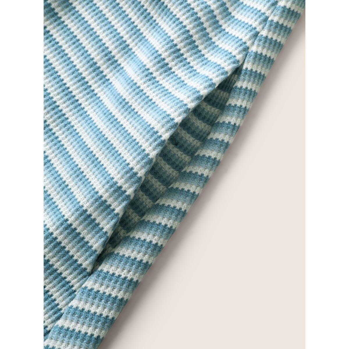 Plus Size Stripes Waffle Knit Ruched Pocket Dress LightBlue Women Casual Gathered Heart neckline Short sleeve Curvy BloomChic 18-20/2X Product Image