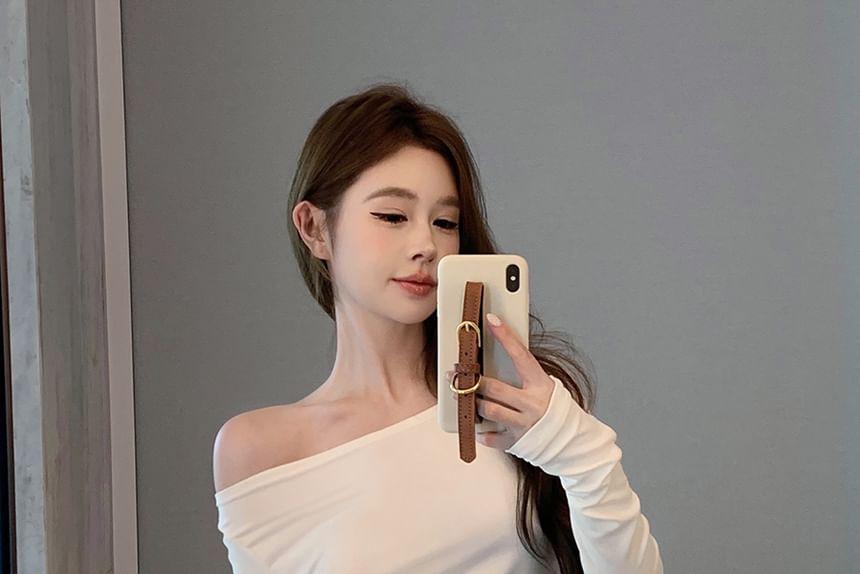 Long Sleeve One Shoulder Plain Tie-Up Slit Top Product Image