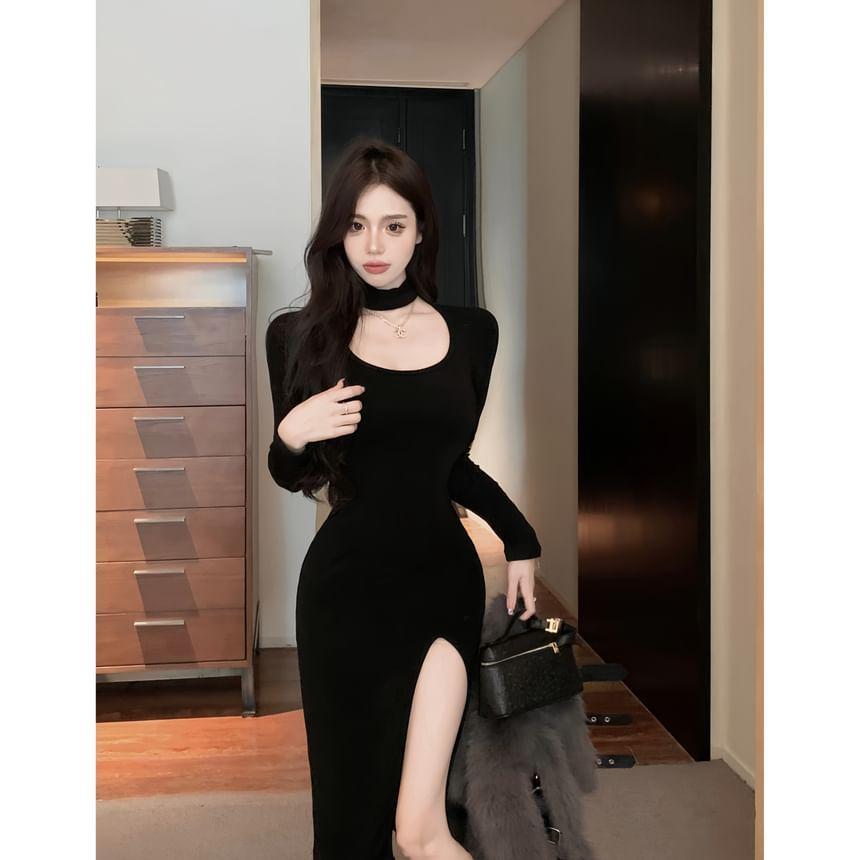 Fluffy Buckled Crop Jacket / Long-Sleeve Halter Neck Plain Slit Midi Bodycon Dress Product Image