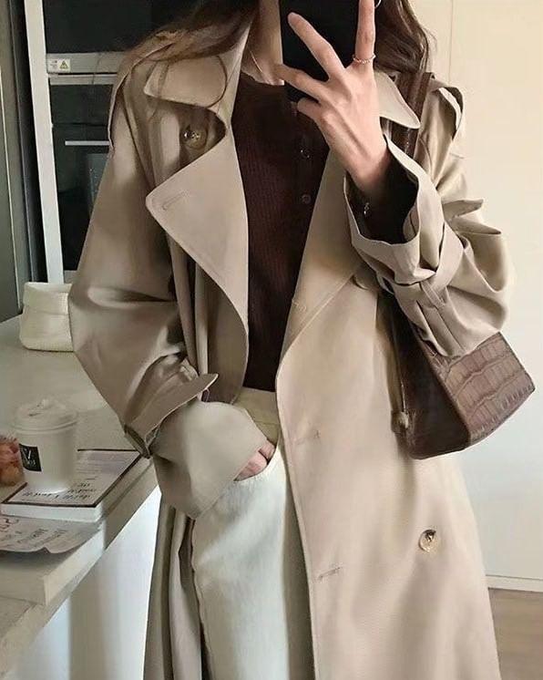 Collar Plain Midi Double-Breasted Trench Coat Product Image