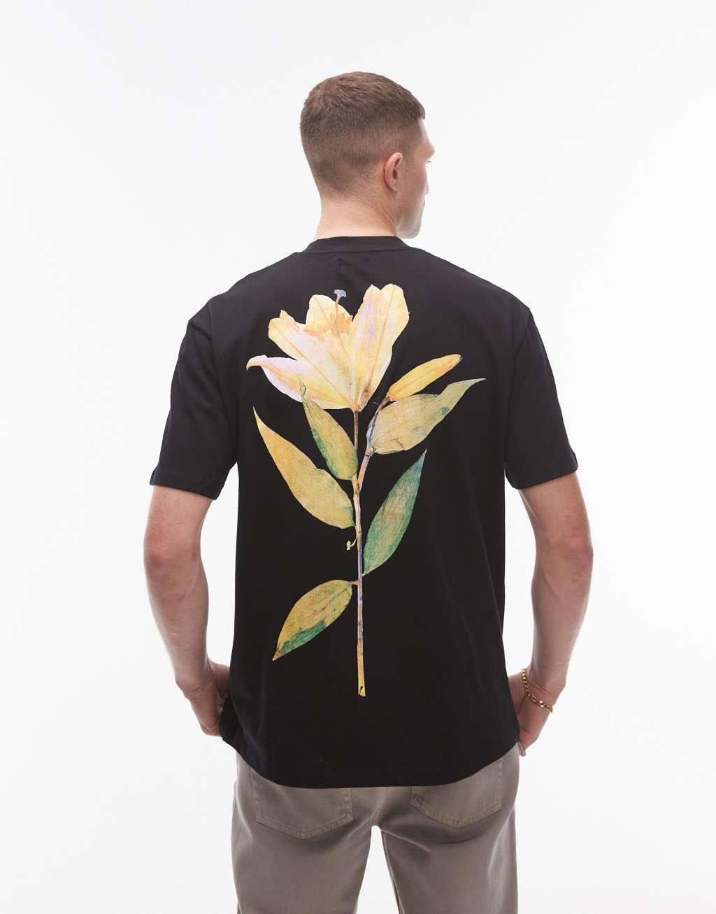 Topman premium oversized fit t-shirt with front and back pressed lily print in black Product Image