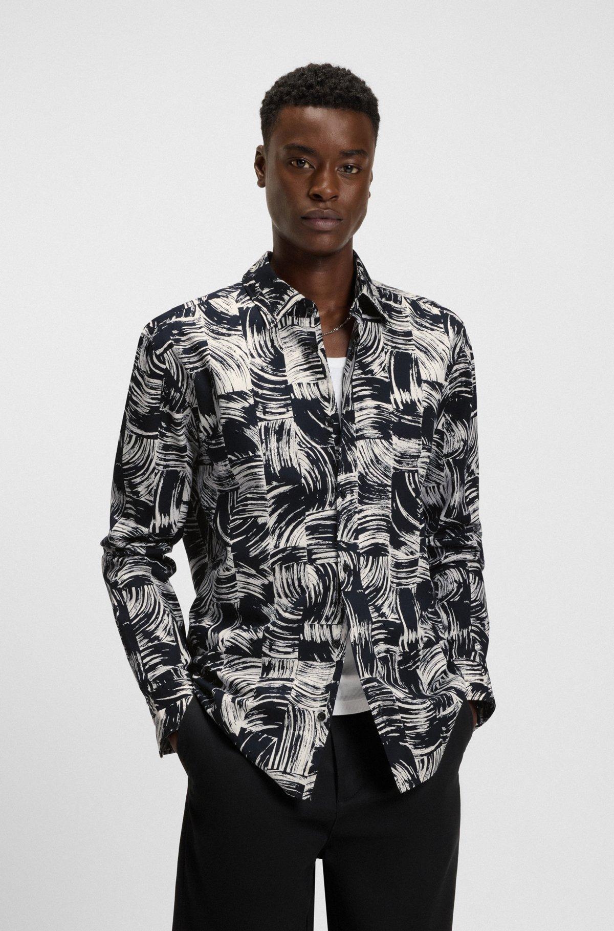 HUGO - Slim-fit shirt in abstract-printed cotton poplin - White Product Image