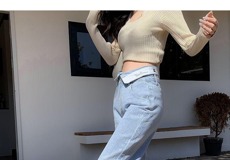 High Rise Folded Waistline Washed Straight-Fit Wide-Leg Jeans Product Image