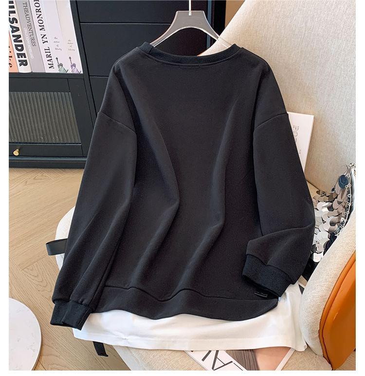 Plus Size Crew Neck Mock Two-Piece Lettering Print Tie Side Sweatshirt Product Image