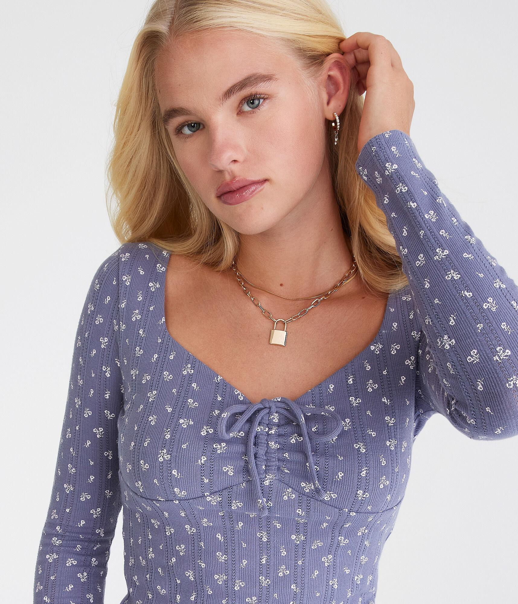 Long Sleeve Floral Cinch-Front V-Neck Crop Top Product Image