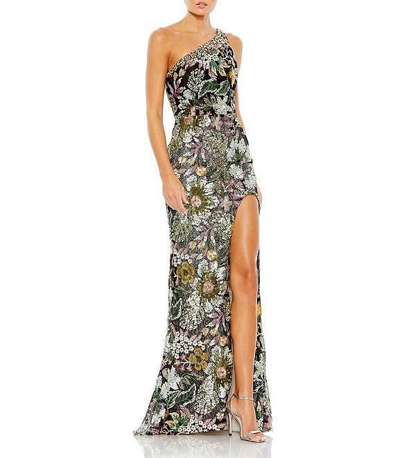 Mac Duggal Floral Embellished Sequin One Shoulder Sleeveless Open Back Sheath Gown Product Image
