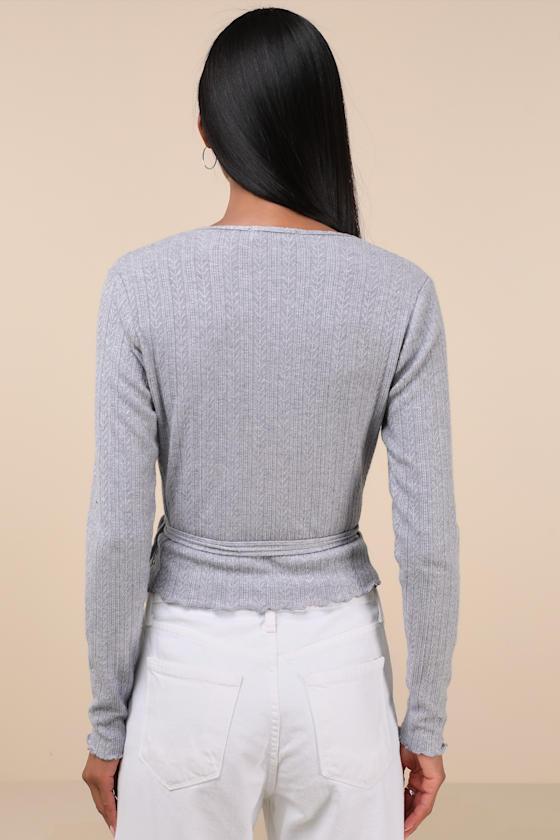 Lovable Favorite Grey Pointelle Knit Long Sleeve Wrap Top Product Image