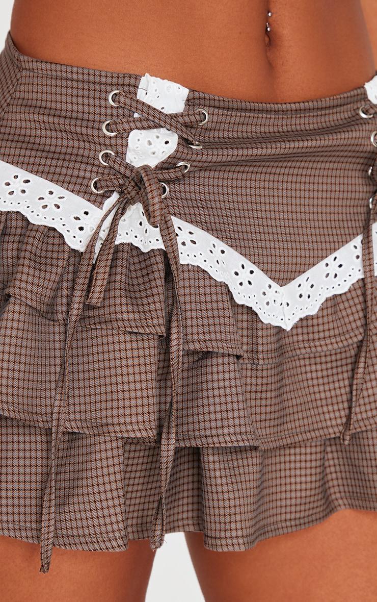 Brown and Blue Herringbone Lace Up Detail Frilly Rara Skirt Product Image