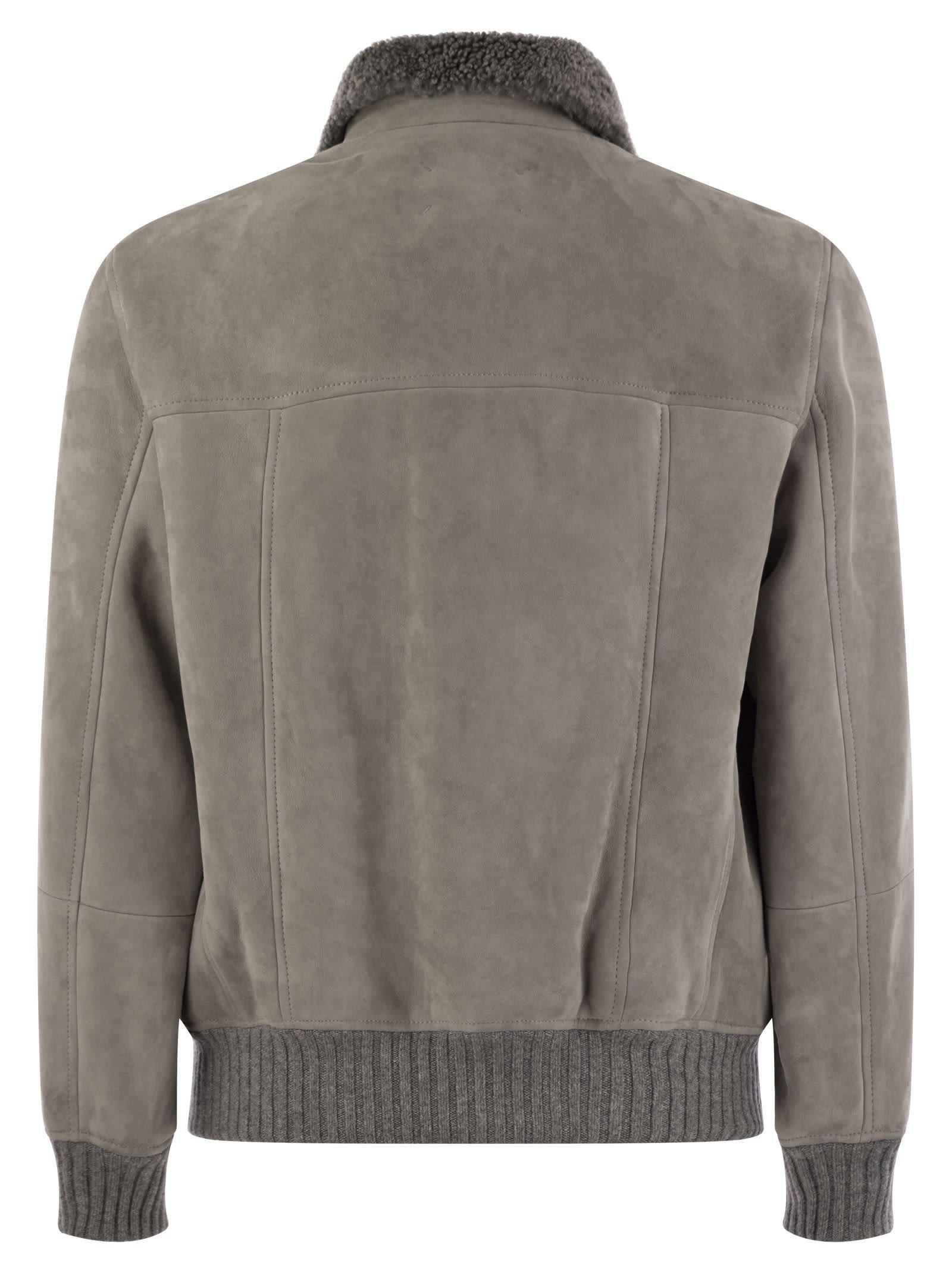 BRUNELLO CUCINELLI Sheepskin Bomber Jacket With Wool Details In Brown Product Image