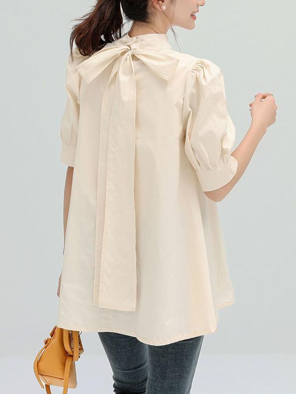 Casual Loose Bow-Embellished Solid Color Blouse Product Image