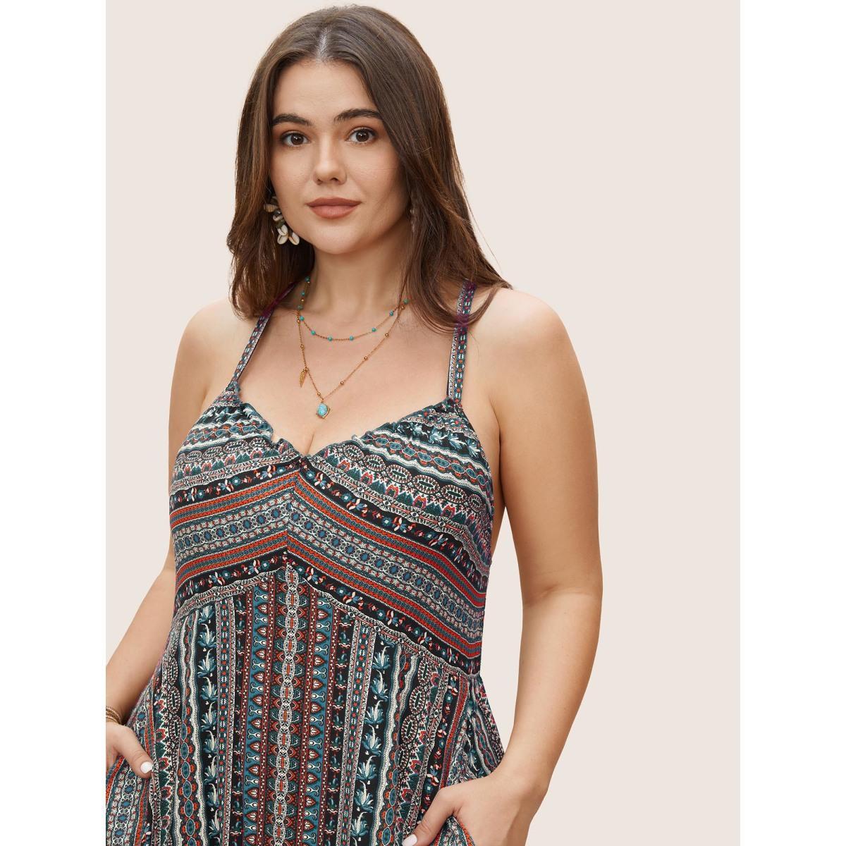 Plus Size Boho Print Elastic Waist Split Hem Cami Dress Black Women Resort Non V-neck Sleeveless Curvy BloomChic 10/M Product Image