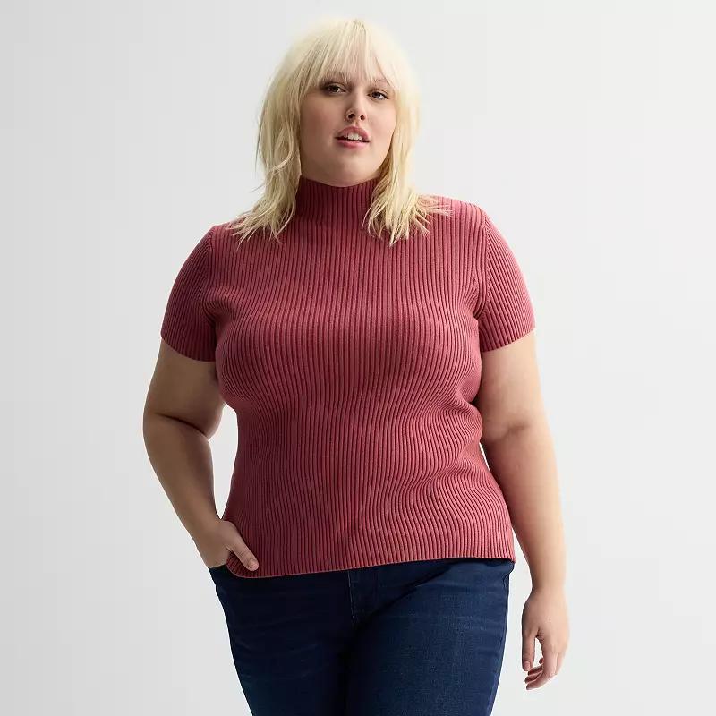 Plus Size Nine West Ribbed Mockneck Short Sleeve Top, Women's, Size: 4XL, Just Pink Product Image