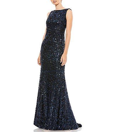 Ieena for Mac Duggal Sequin Drape Back Detail Boat Neck Sleeveless Sheath Gown Product Image
