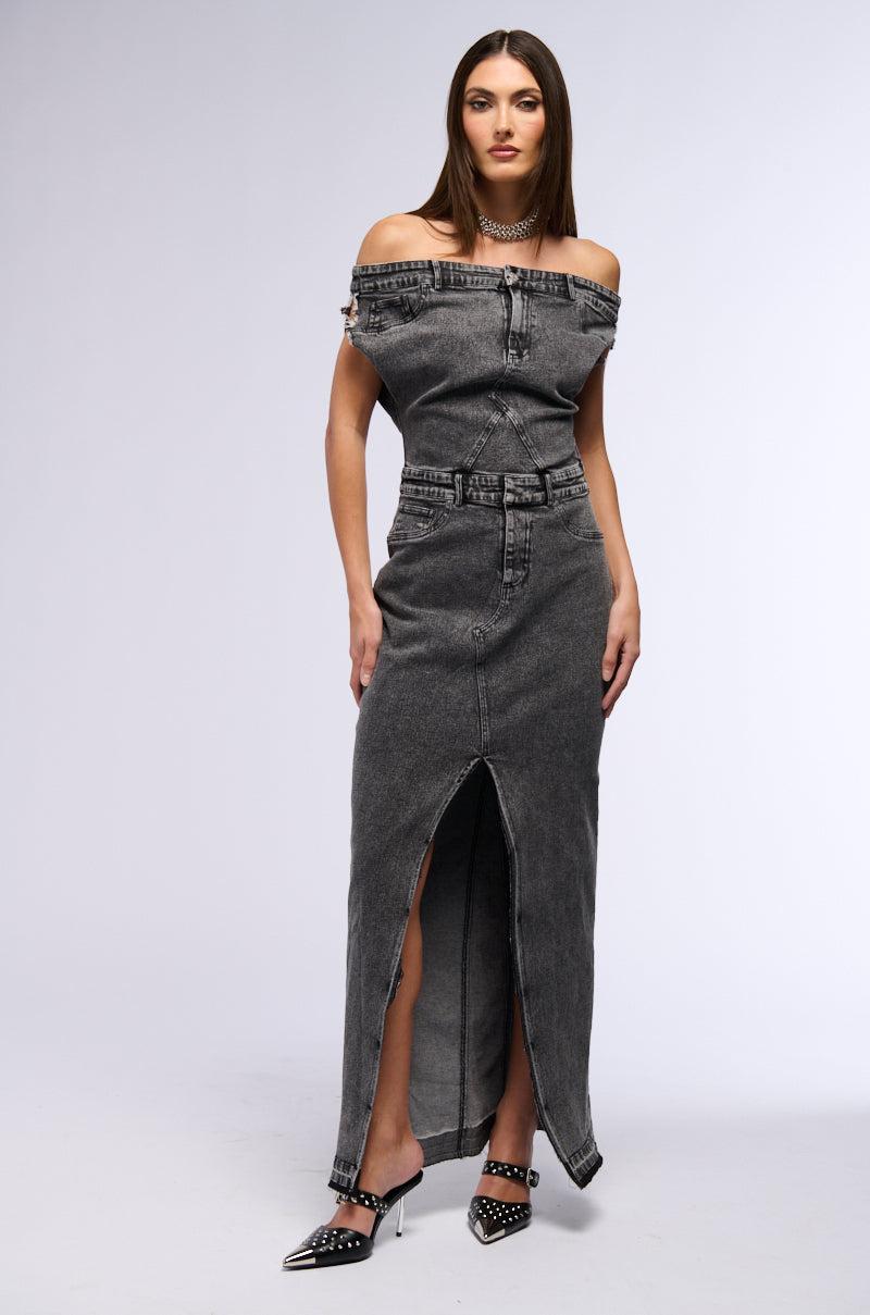 DERRIA OFF THE SHOULDER DENIM MAXI DRESS Product Image