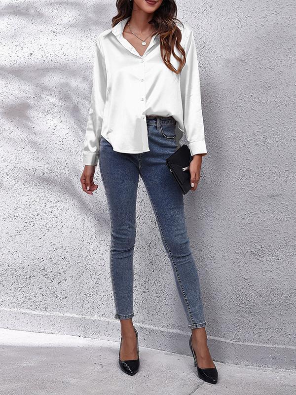 Long Sleeves Loose Solid Color Lapel Blouses Product Image