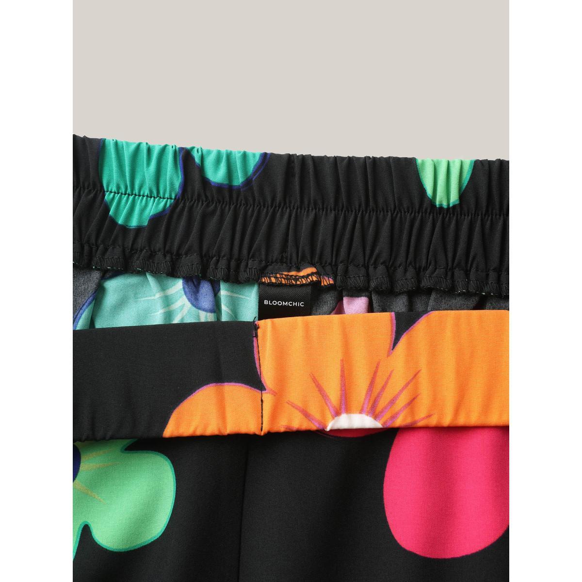 Plus Size Colorful Large Floral Print Wide-Leg Pants Women BlackFlower Playful Wide Leg Mid Rise Casual Pants BloomChic 10/M Product Image