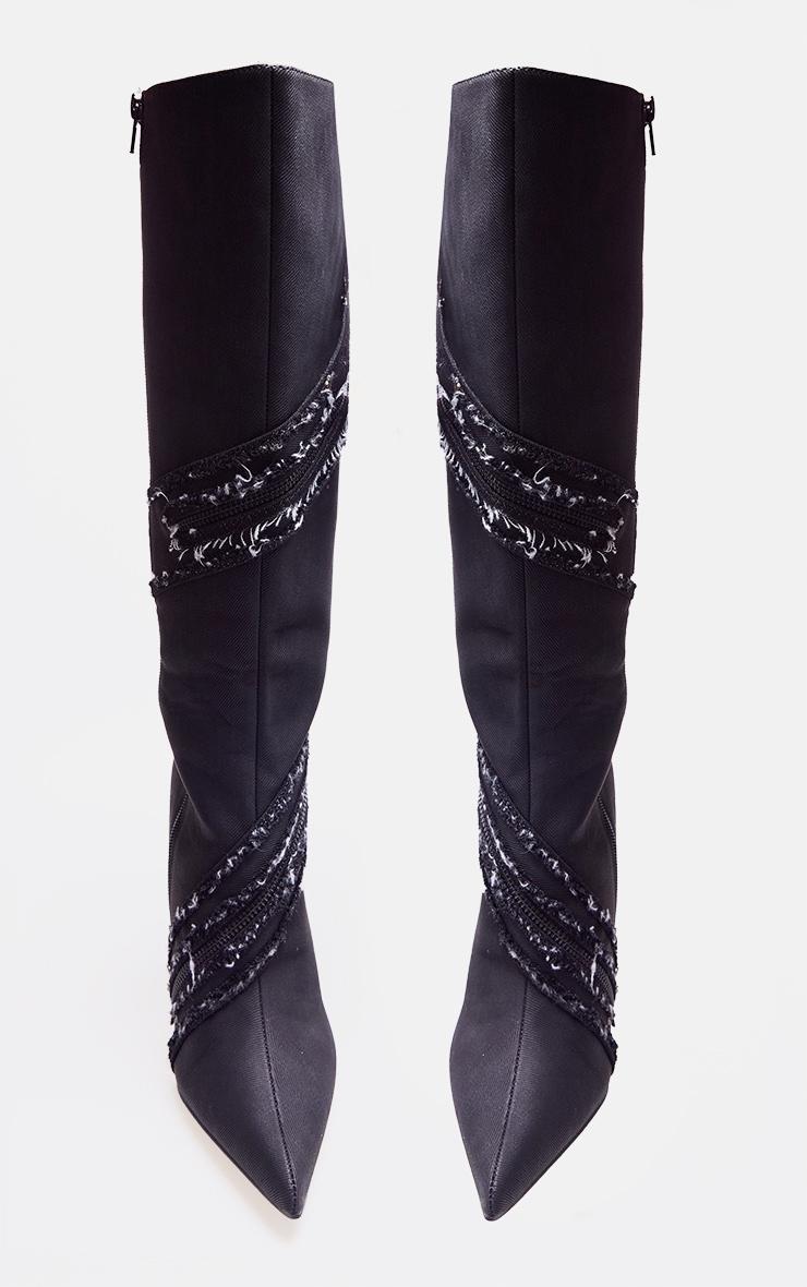 Black Denim Diamante Detail Point Toe High Heeled Knee Boots Product Image