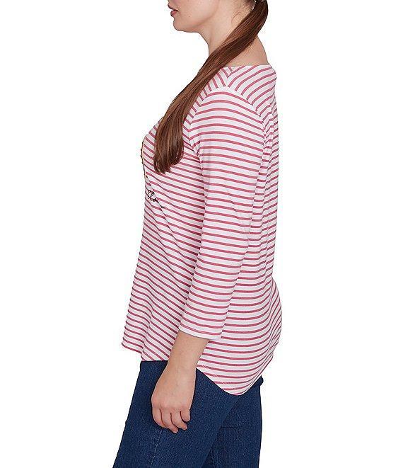 Ruby Rd. Knit Bicycle Floral Striped Crew Neck 3/4 Sleeve Knit Top Product Image