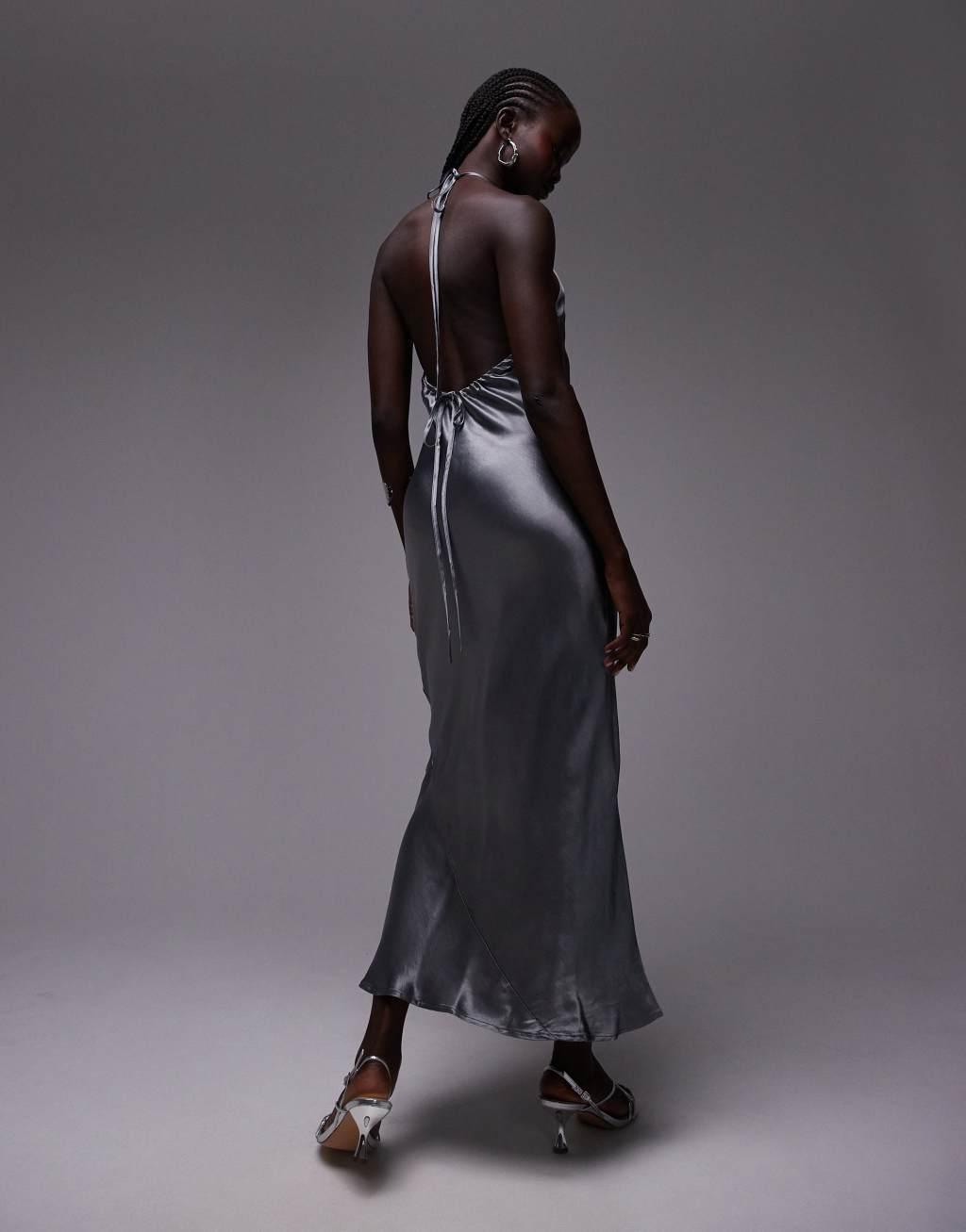 Topshop halter neck maxi dress in gray Product Image