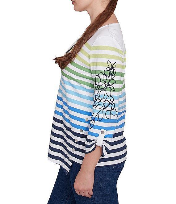 Ruby Rd. Petite Size Mixed Color Stripe Soft Knit Floral Embroidered Detail Scoop Neck 3/4 Sleeve Top Product Image