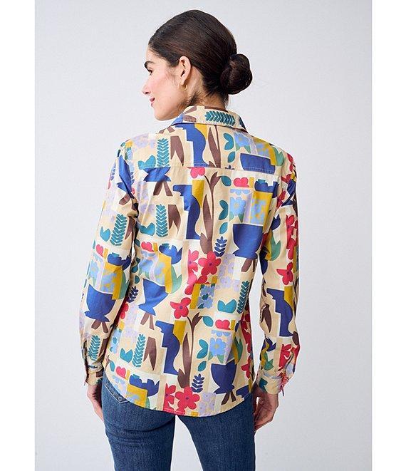 J.McLaughlin Lois Printed Cotton Relaxed Fit Point Collar Long Sleeve Blouse Product Image