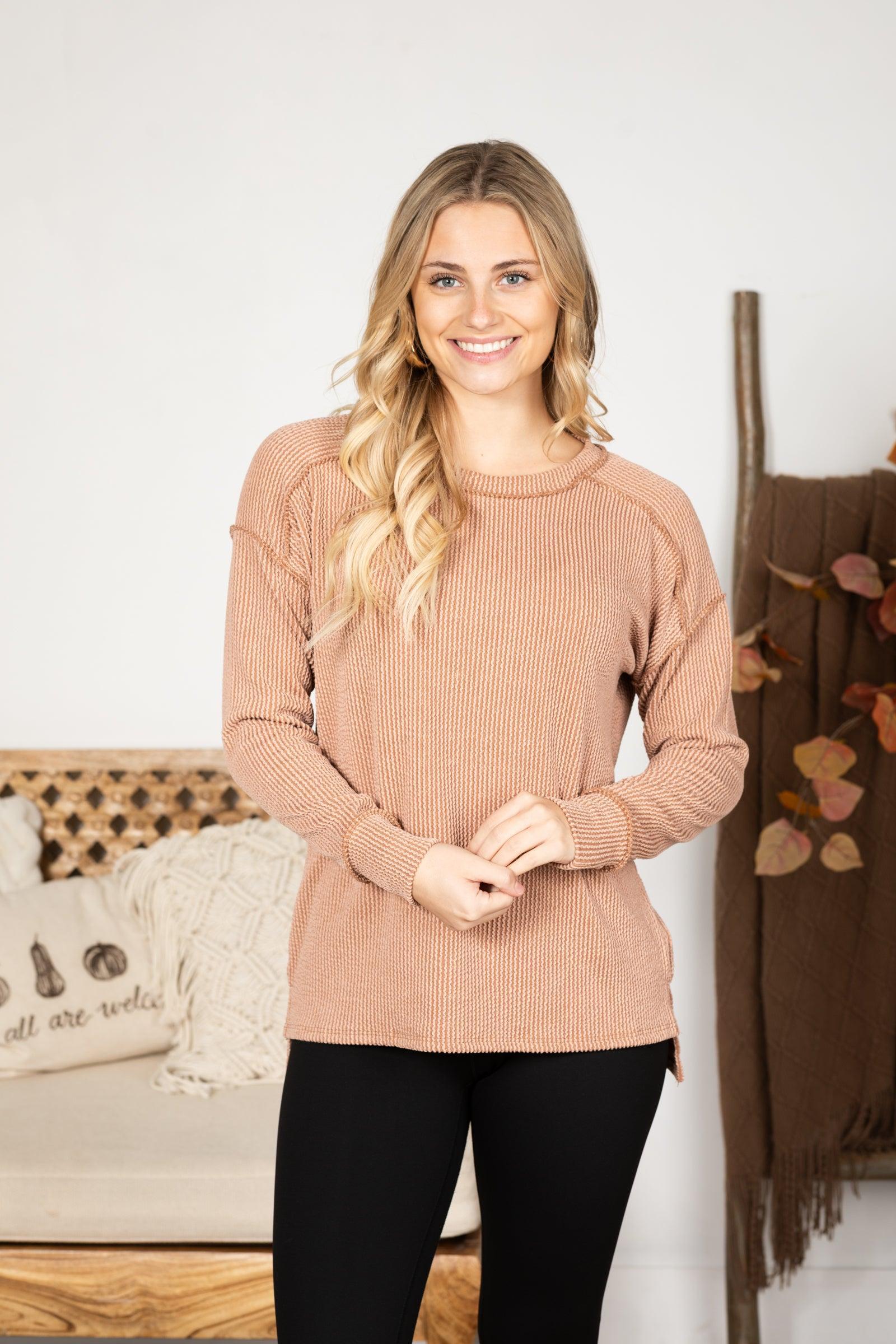 Ribbed Drop Shoulder Long Sleeve Knit Top Product Image