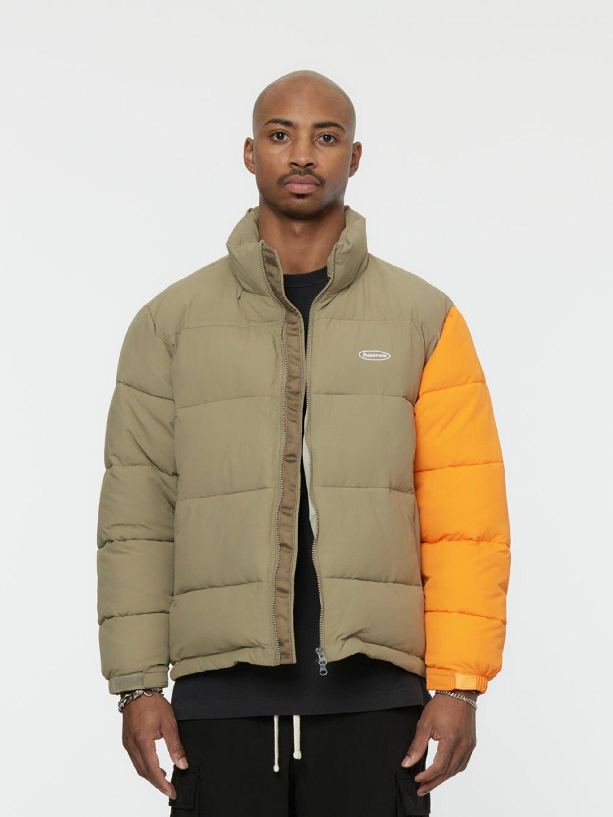 Contrast Sleeve Puffer Jacket (Khaki/Orange) Product Image