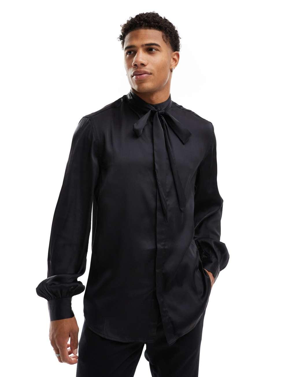 ASOS DESIGN satin regular shirt with tie neck and blouson volume sleeve Product Image