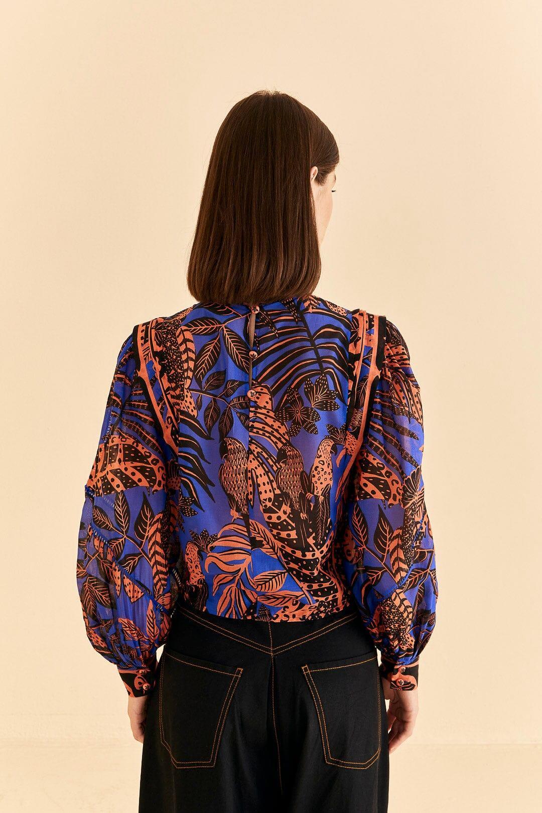 Blue Tropical Gold Pleated Long Sleeve Blouse Product Image