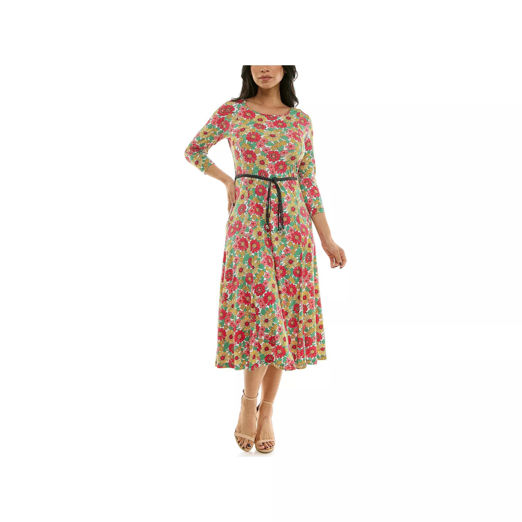 Women's Nina Leonard Sylvia Three-Quarter Sleeve Belted Midi Dress,  Product Image