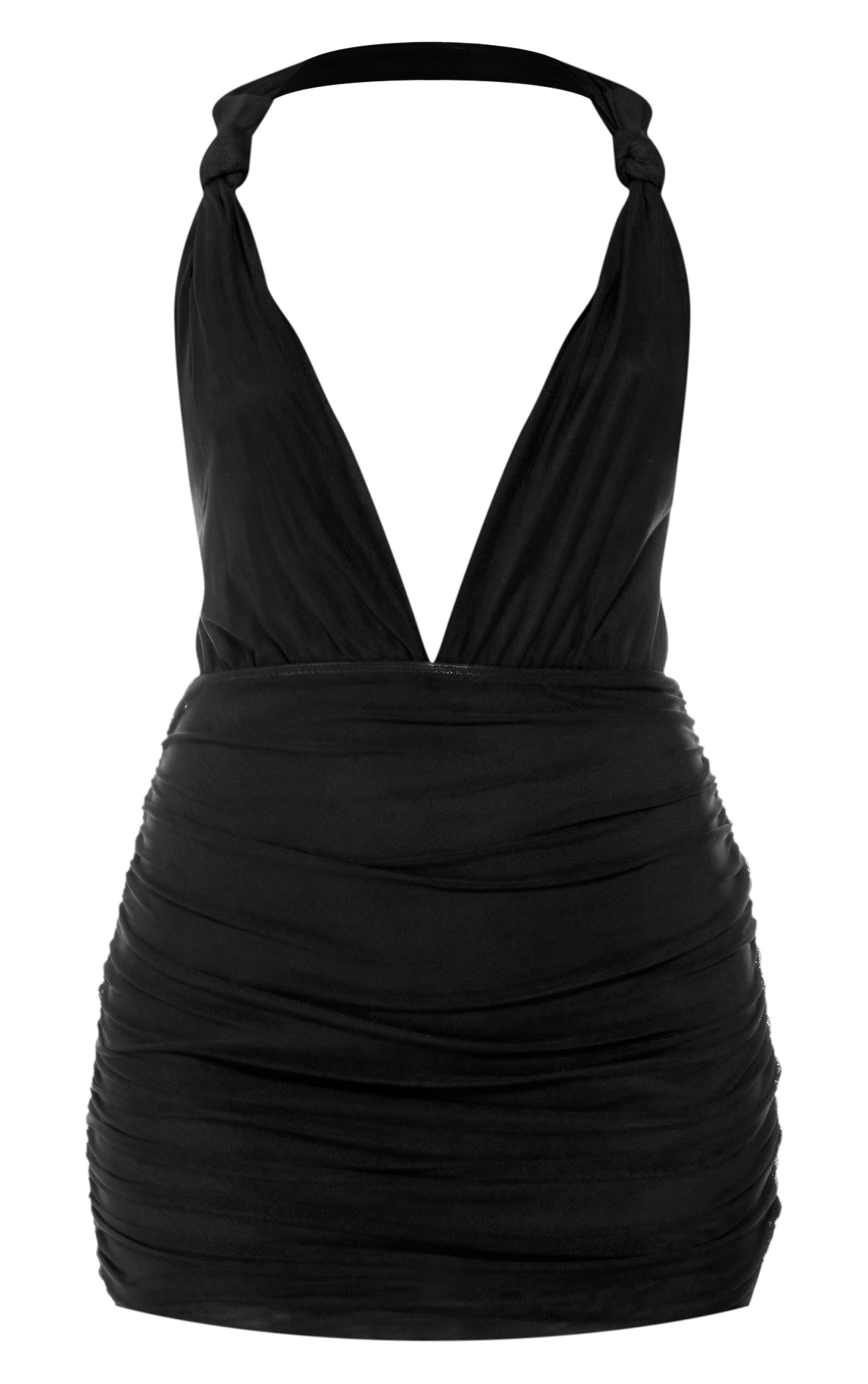 Black Lined Mesh Knotted Bodycon Dress Product Image