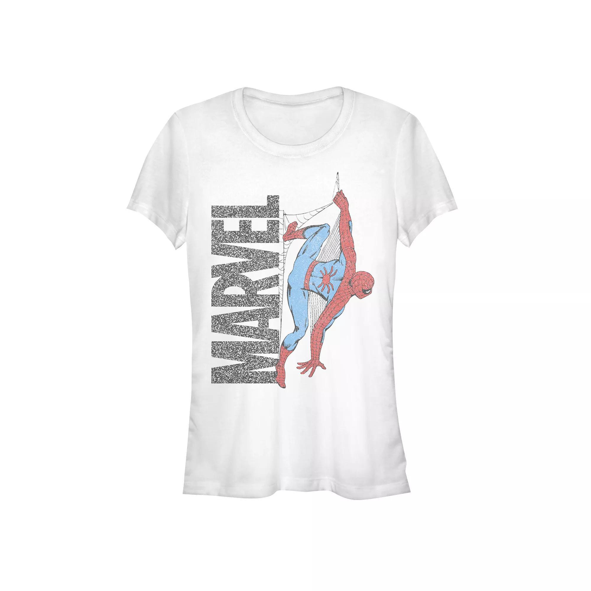 Juniors' Spider-Man Hanging From The Marvel Logo Graphic Tee, Girl's, Size: XXL, White Product Image