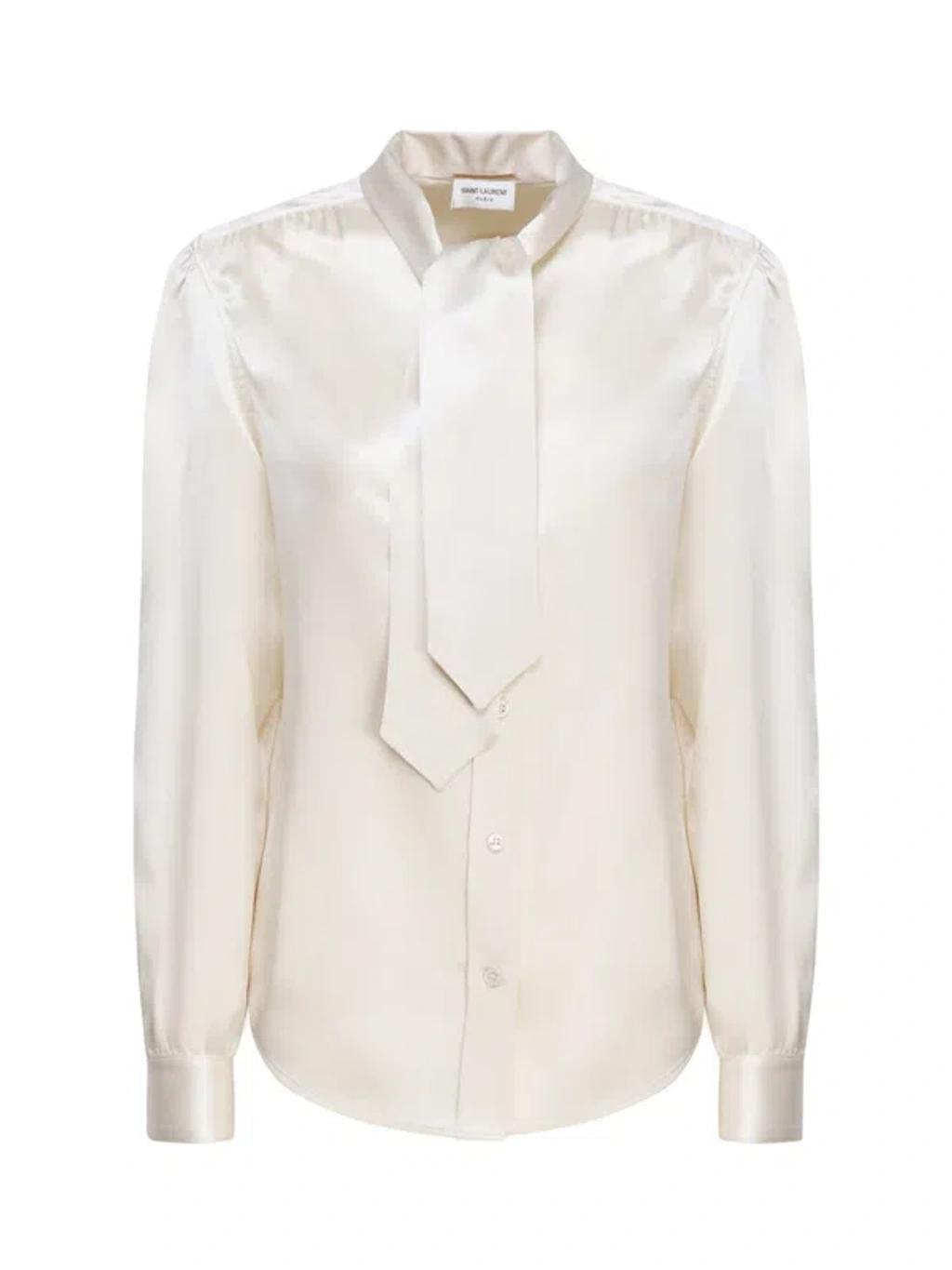 SAINT LAURENT Lavallière Collar Blouse In Silk Satin In Craie Product Image