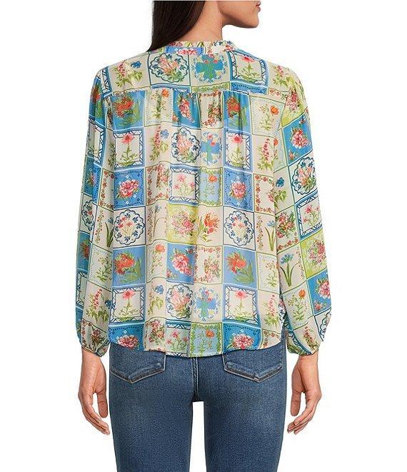 Figueroa & Flower Woven Patchwork Print Ruffled Split V-Neck Long Sleeve Button Front Blouse Product Image