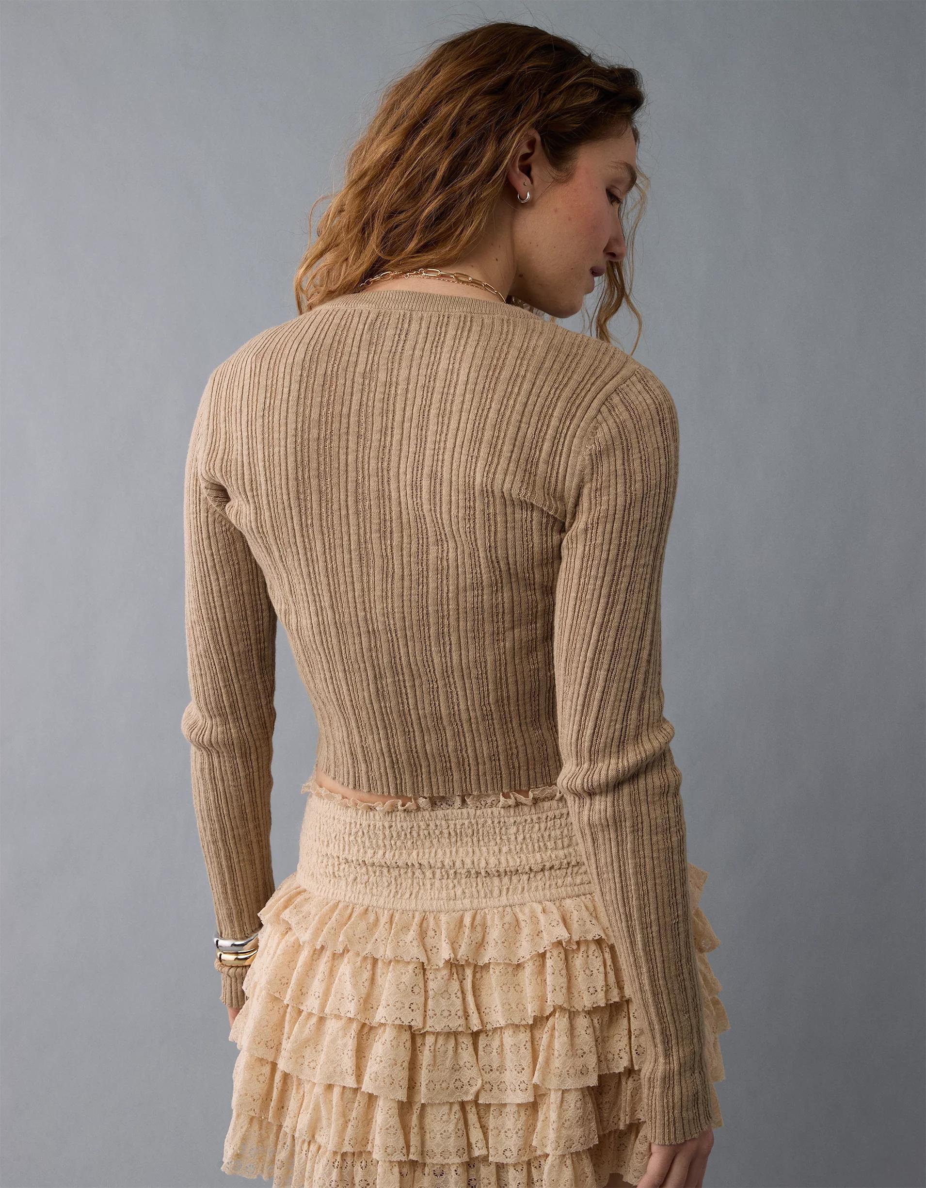 AE Ribbed Crew Neck Cardigan Product Image