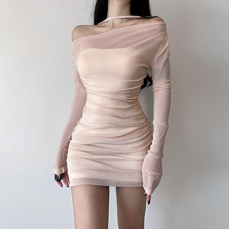 Long-Sleeve Boatneck Mesh Mini Bodycon Dress Product Image