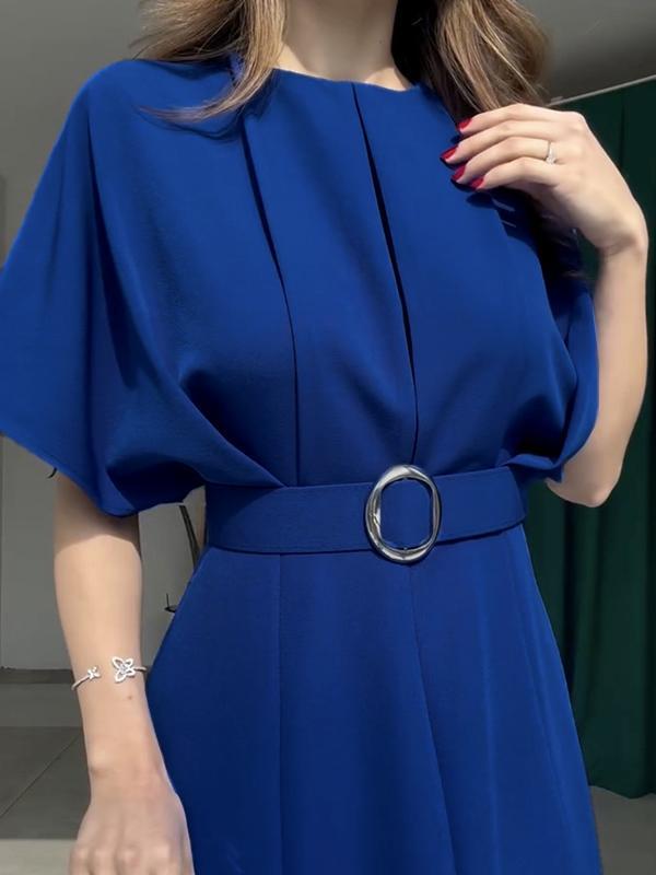 Loose Raglan Sleeve Pleated Split-Front Split-Joint Tied Waist Round-Neck Maxi Dresses Product Image