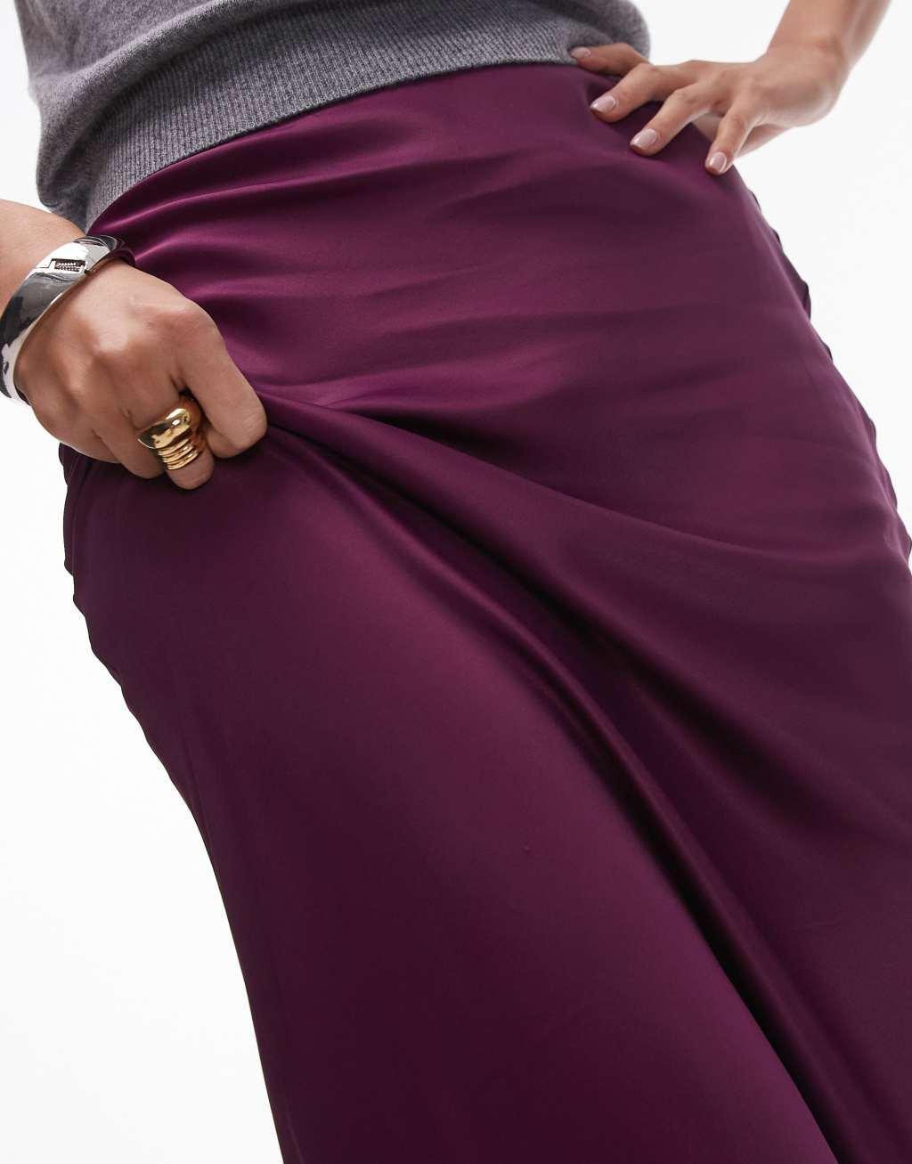 Topshop satin bias maxi skirt in burgundy Product Image