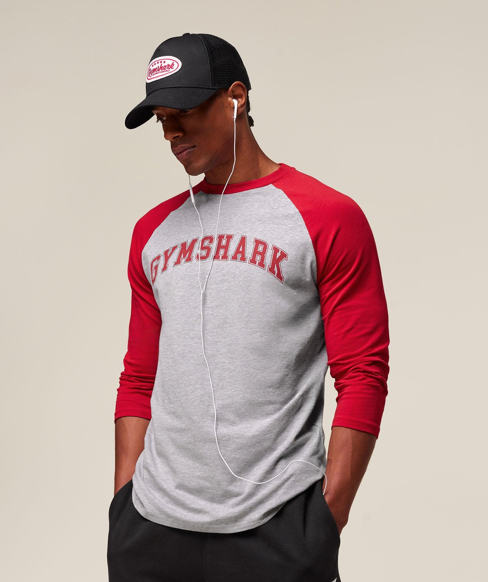 Gymshark GSLC Raglan 3/4 Sleeve T-Shirt - Light Grey Core Marl/Conditioning Red Male Product Image