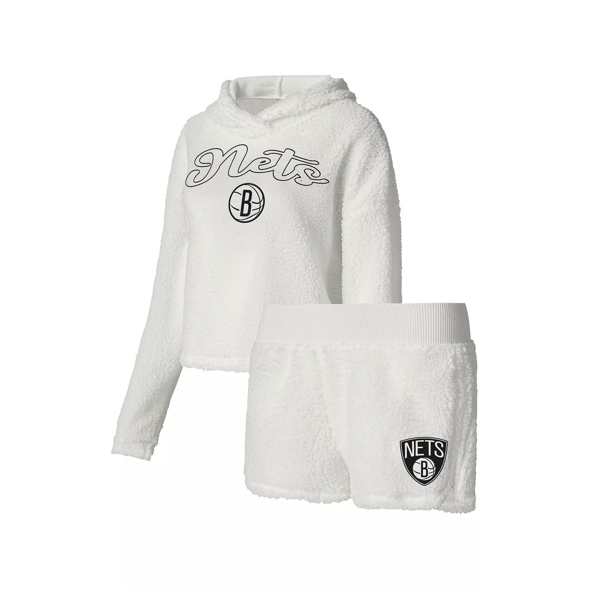 Women's College Concepts Cream Brooklyn Nets Fluffy Long Sleeve Hoodie T-Shirt & Shorts Sleep Set,  Product Image