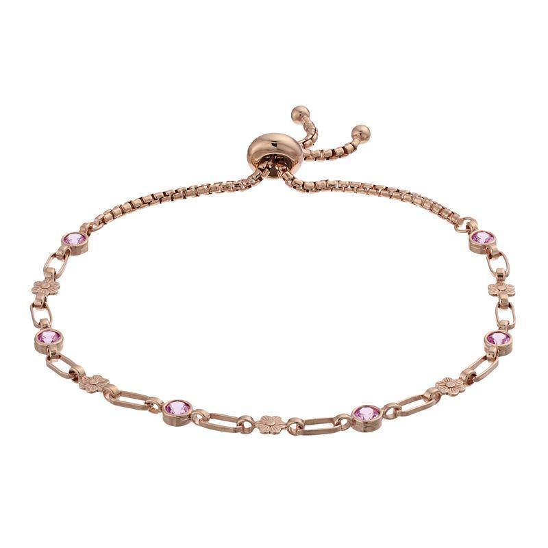 Kristen Kesho Sterling Silver Lab-Created Pink Sapphire & Flower Link Adjustable Bolo Bracelet, Womens Gold Tone Product Image