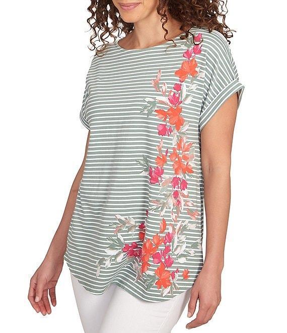 Ruby Rd. Soft Jersey Knit Floral Stripe Boat Neck Short Cuff Sleeve Top Product Image