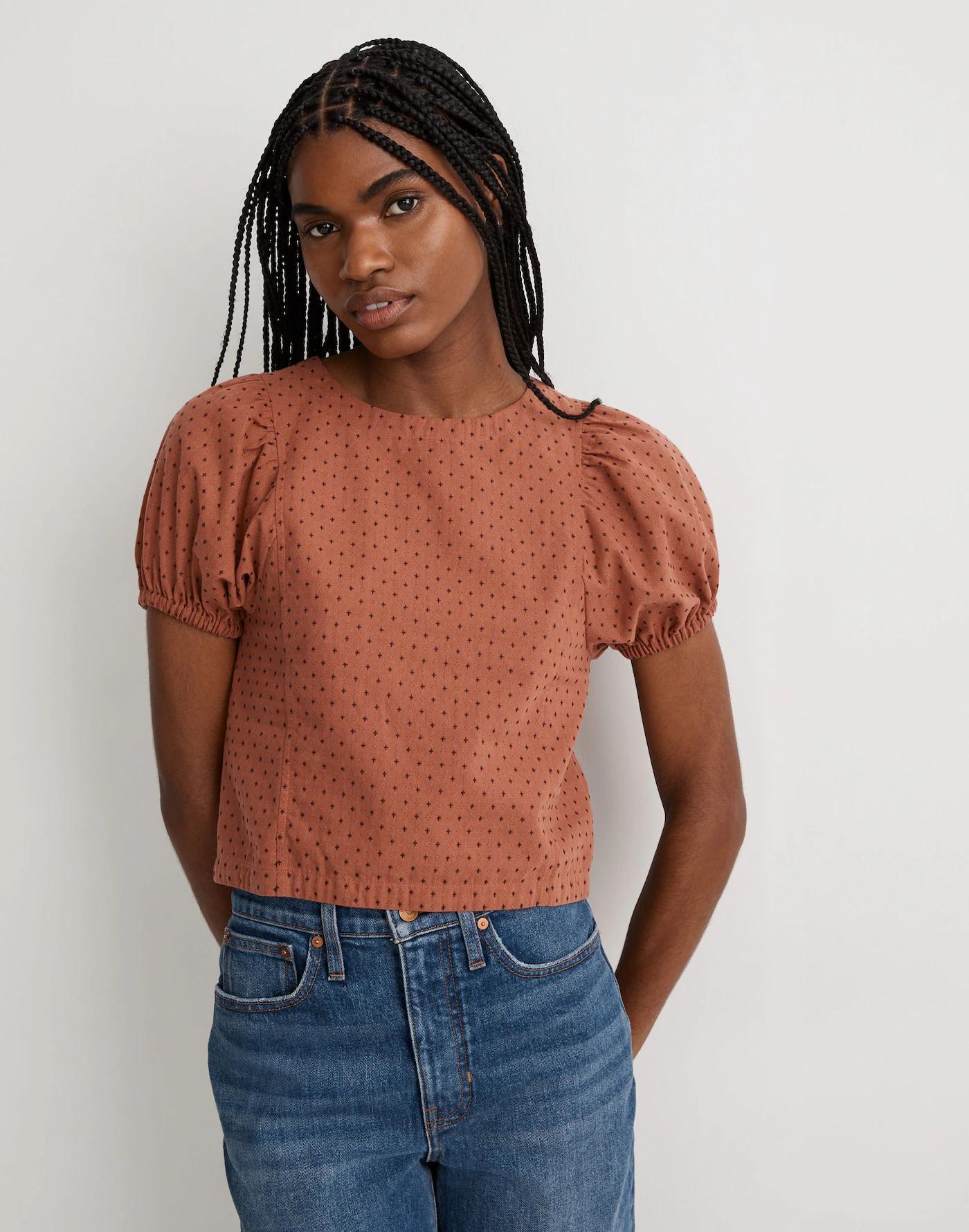 Jacquard Puff-Sleeve Top in Micro Cross Product Image